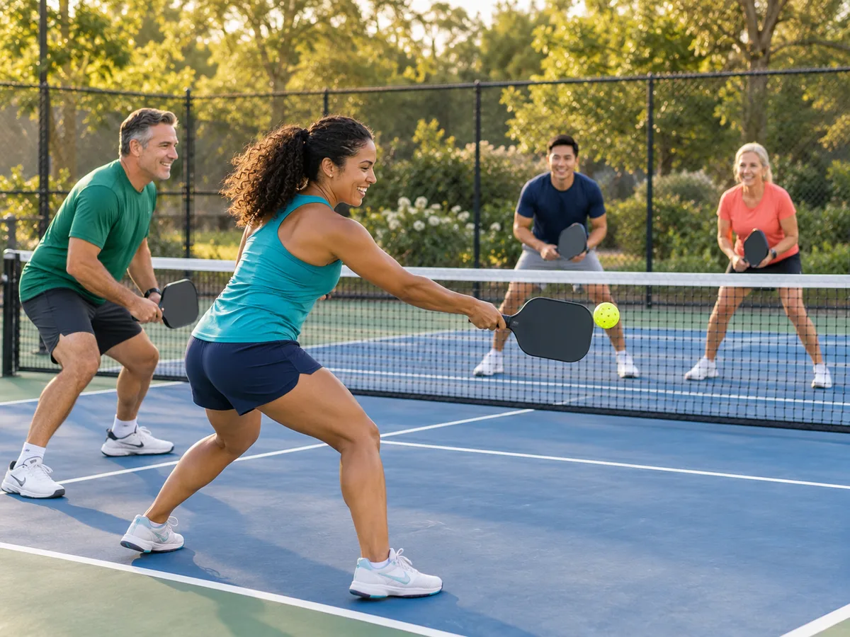 Four adults of different ages enjoying mixed doubles pickleball on a sunlit outdoor court.